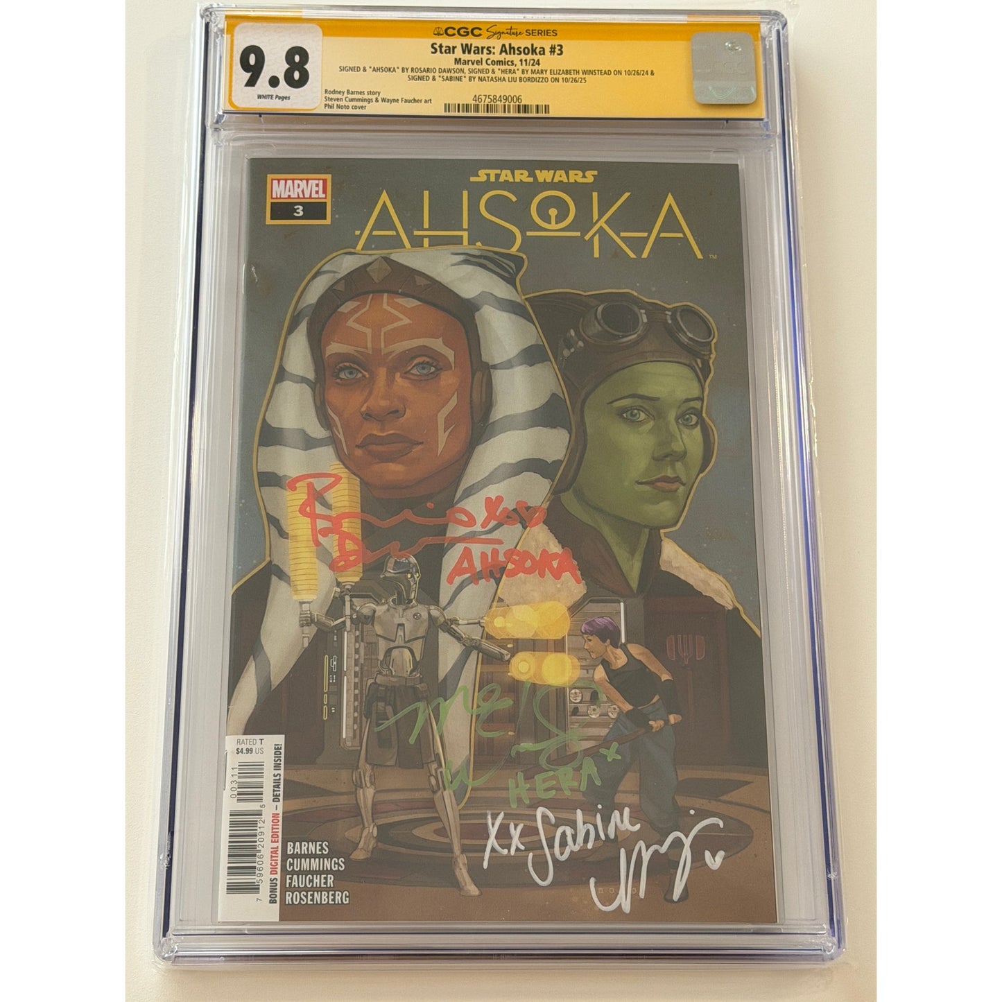 Star Wars: AHSOKA #3 9.8 CGC S.S. ROSARIO D. & MARY E. W. & NATASHA L. B.